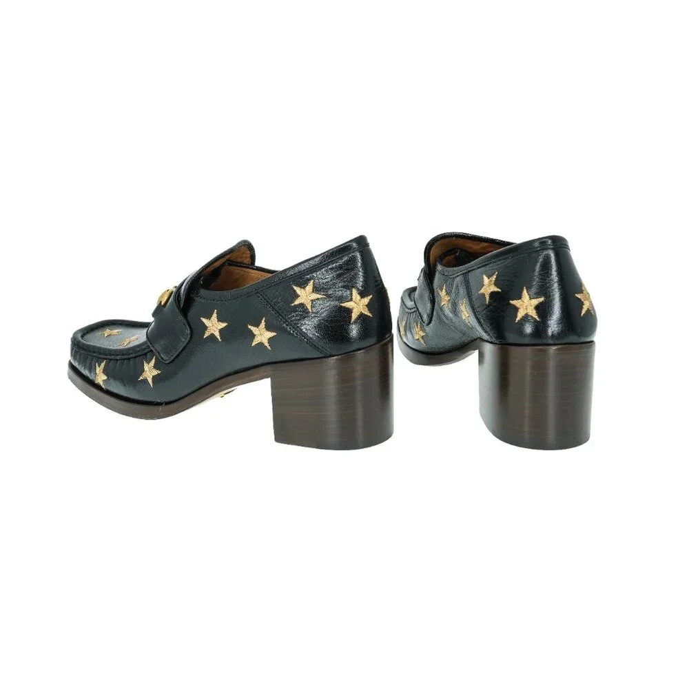 Gucci Horsebit Embroidered Stars Leather Mid Heel Loafers - Picture 3 of 8